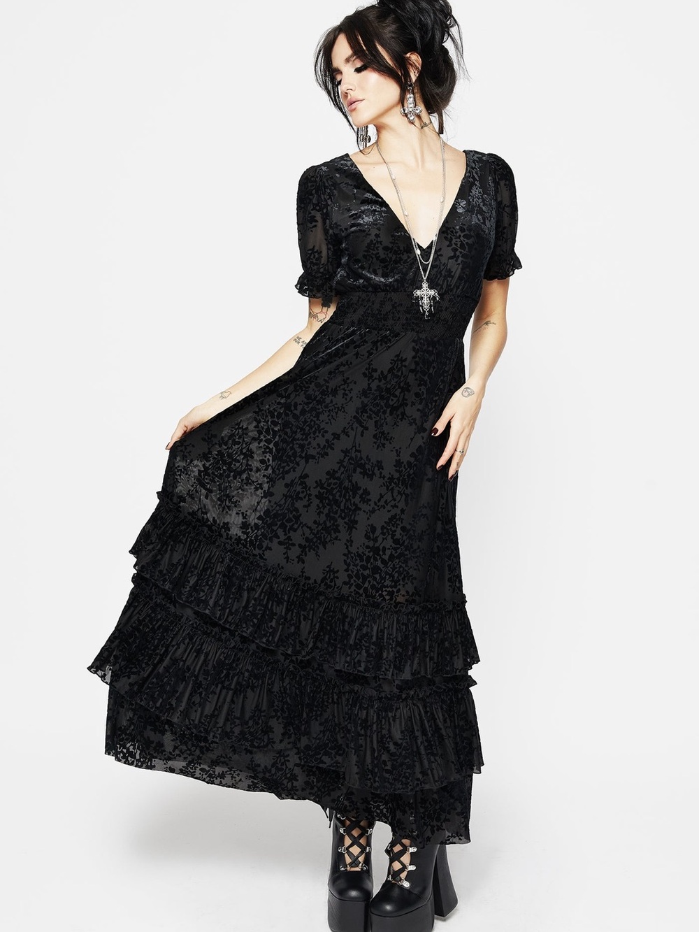 Disturbia size 10 black lace Lilias Devoré Tiered Maxi Dress